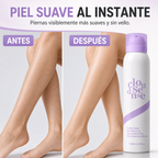 Piel suave al instante: antes y después en las piernas junto al envase de la mousse