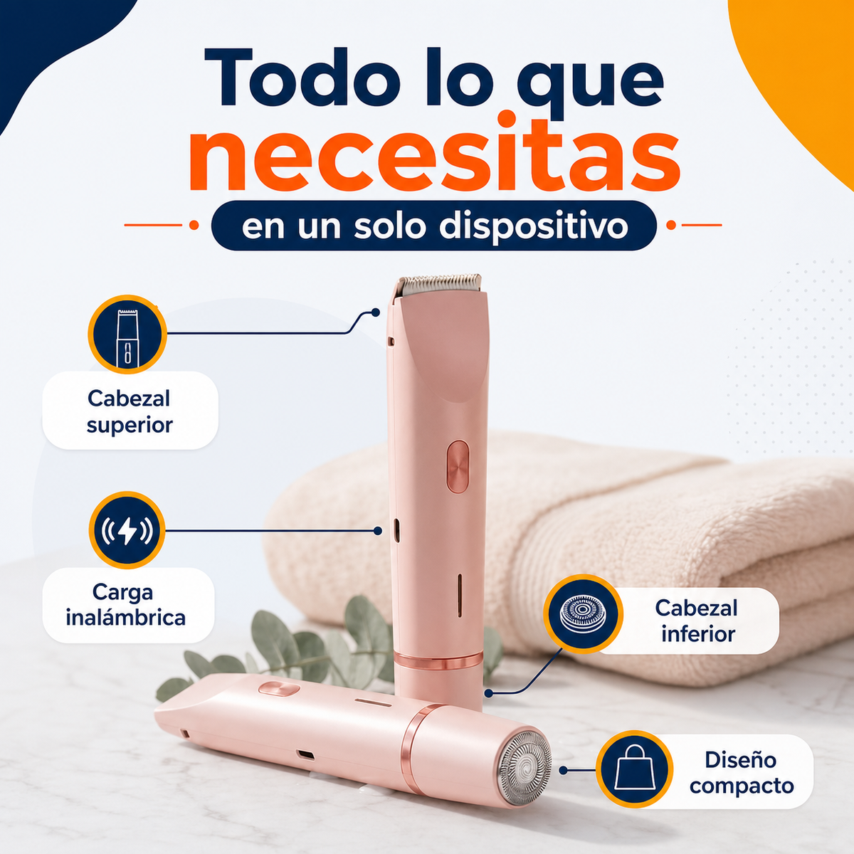 Depiladora electrica con cabezal superior, cabezal inferior, carga inalambrica y diseno compacto